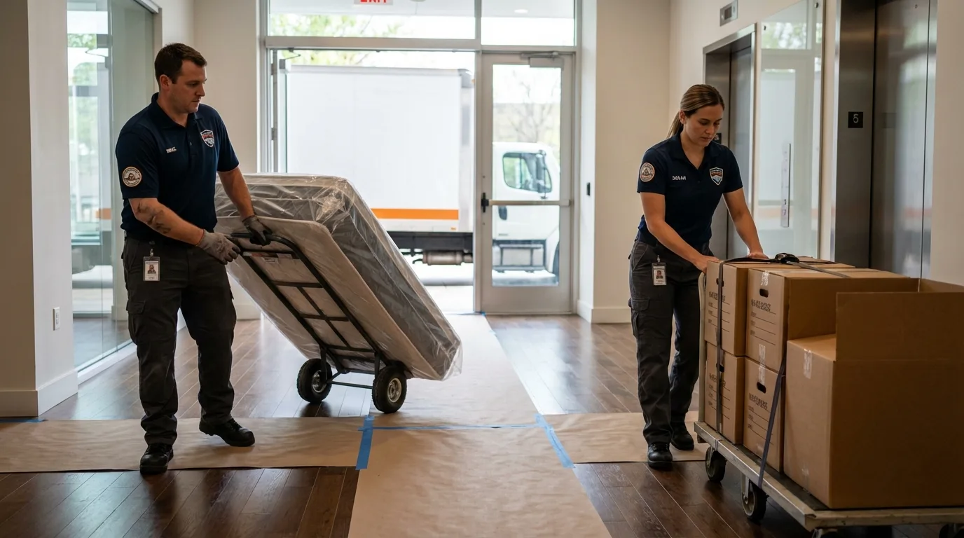 Professional apartment movers loading elevator in Buchanan, GA